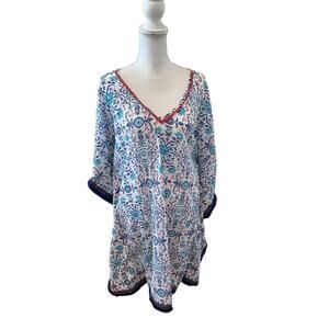 Anthropologie Nordic Kaftan Beach Cover Up Blue Batik Floral Print